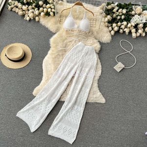 New Womens sexy beach halter neck knitted padded bustier bra and wide leg elastic waist long pants 2 pcs set