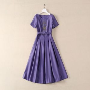 2024夏の紫色のソリッドカラービーズドレス半袖ラインストーンラインストーンミディカジュアルドレスS4W140509プラスサイズ3XL XXXL