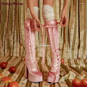 Boots Autumn Winter Velvet Lace-Up Knee-High Pink Round Head Water Platform Thick Heel Side Zipper Fashion Catwalk Women'S