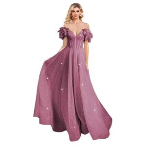 Glitter Tulle Prom Omuzlar Omuz Fırfır Balosu Prenses Resmi Akşam Elbise Prom Amz