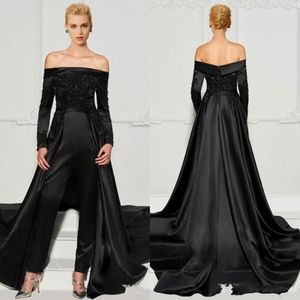 2022 Black Lace Jumpsuits Evening Dresses With Detachable Train Off The Shoulder Beaded Formal Gowns Long Sleeves Sequined Prom Dress B 270w