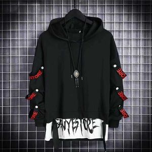 Herrtröjor tröjor herr hoodies tröjor avslappnade svarta hoodies toppar techwear hip-hop hajujuku lappar japanska skjortor herr randiga toppar y240510