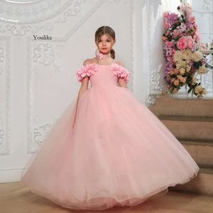 Elegant Flower Girl Dresses Pink Off The Shoulder Boat Neck Soft Tulle For Birthday Wedding Party Gowns With Flowers 0514