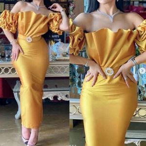 2021 Gold Evening Dresses Elegant Off the Shoulder Ruffles 1 2 Short Sleeves Mermaid Ankle Length Sash Crystals Custom Made Prom Party 252e