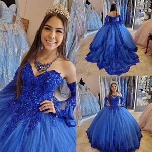 Королевская голубая принцесса Quinceanera платья 2023 кружевную аппликацию в бисерея