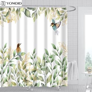 シャワーカーテンヨムディッド1/4pcs緑の葉の鳥パターンカーテンセットフック付きポリエステルバスルームの装飾用バス
