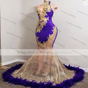 Sparkly Purple Mermaid Evening Dress High Neck Feather Beads Sexy Luxury Prom Gowns African Women Formal Party Gowns 267Z