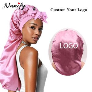 Personalize Long Satin Bonnets For Braids Locs Large Silky Hair Bonnet With Tie For Women Sleeping Add Curly Hair Bonnet 240507
