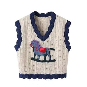 Japanese Kawaii Cute Knitted Vest Women Embroidery V Neck Sleeveless Sweater Tops Vintage Fashion Casual Chic Knit Outerwear 240513