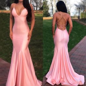 Sexy Deep V Neck Pink Mermaid Evening Dresses Long Backless Satin Evening Gown Formal Prom Dress Party Gown 300f