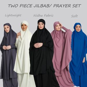 Duas peças Jilbab Orate Set Abaya para mulher Batwing Dress Vestido Muçulmano Kimono Kaftan Robe Long Khimar Islam Pano Jilbab Ramadan 240508