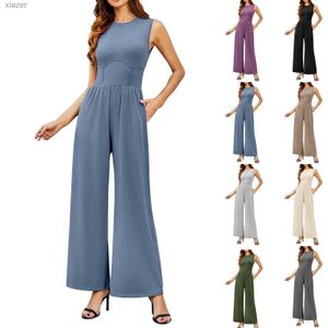 Women's Jumpsuits Rompers Womens dress jumpsuit 2024 casual summer sleeveless high collar ribbed vest wide leg pants jumpsuit WX