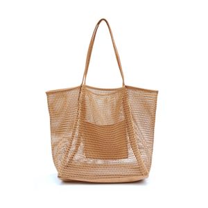 khaki mesh beach bag for women fashion design high quality hollow out large beach totes have pockets luxury hobo handbag purse travel shoulder storage shopping bags