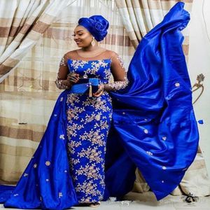 Elegant Royal blue Aso Ebi sheath Evening Dresses Nigeria with 3D Lace Appliques detachabled train Saudi plus size Celebrity prom Dress 302v