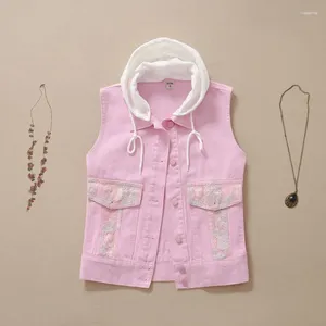 Women's Vests White Pink Removable Hooded Denim Vest Women Waistcoat Slim Short Cowboy Sleeveless Jacket Lace Spliced Pocket Jeans Female