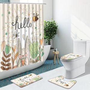 Duschvorhänge Cartoon Kaninchen Blume grünes Blattbärenvorhang nicht rutschfeste Flanell Teppiche Toilettenabdeckung Bad Bad Badezimmer Set Innenhäuser Wohndekoration