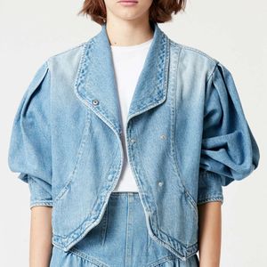 24ss Bahar ve Sonbahar Moda Düğmesi Flip Yaka Kabarcık Kol gevşek Ceket Üstü Kadınlar Kısa Mavi Denim Ceket Ceketleri Kadınlar Kadın Hırdi