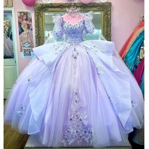 2022 Lilac Half Puff Sleeve Applicies Lace Quinceanera Dress Ball Gown with Cape Off the Shoulder Beading Ruffles Pageant Sweet 15 B070 2140