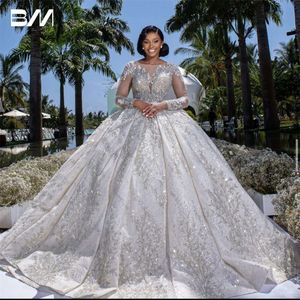 Funkelnde Ball Hochzeitskleid Lange Illusion Ärmelschaufel Hals Perlen Braut Kleider Arabisch Brautkleid Vestidos de Novia