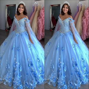Ljusblå ny söt 16 klänningar bollklänningar handgjorda blommor pärlstav applikation vestidos de quinceanera klänning med wraps prom pageant klänning 199d