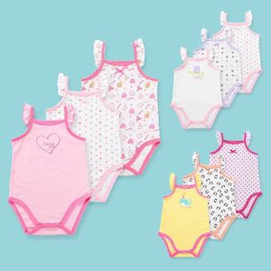 Rompers 3-36m 3ピースの女の赤ちゃんプリーツノースリーブタイトフィット服赤ちゃん夏服コットンジャンプスーツベビータンクトップスパゲッティショルダーストラップOnesiel2405