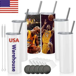 USA CA Warehouse Blank SubliMation Tumblers 20 oz Straight Steel 20oz bilmuggar med halmisolerade vattenflaskor för DIY -tryckning 0514