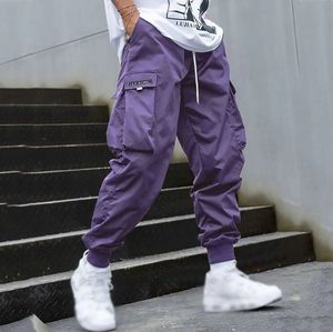 Mode män last byxor herr byxor hip hop joggers fickor lila män streetwear tröjor koreanska fotledslängd byxor 240514