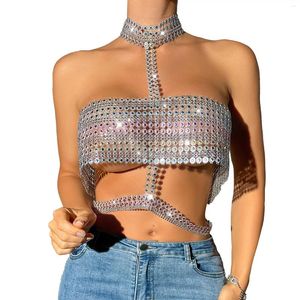 Women's Tanks Womens Sexy Hollow Out Crop Top T Shirt Sparkly Rhinestone Hater Backless Camisole Y2K Clubwear Festival Rave Party Tank Tops