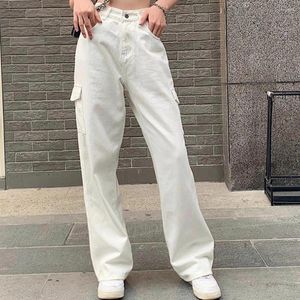 Frauen Jeans Streetwear weiße Frau hohe Taille Frachthosen gerade Mody Baggy Y2k Casual Jeanshose