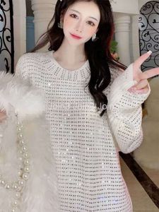 Womens o-neck luxury full rhinestone patched medium long loose sweater pullover tops