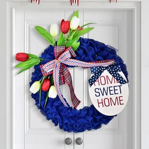Decorative Flowers Spring Home Decor Patriotic Independence Day Wreath Set White Blue Tulip Garland Berry With Lights For Front Door