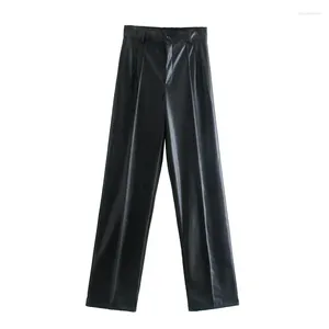 Calça feminina Faux Leather Pant Za Black Women Woman Woman Troushers Autumn 2024 Fashion Streetwear Leg Wide Leg Loose