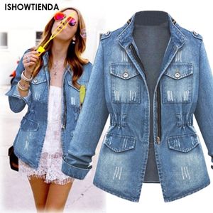 Denim Jacket Womens Casual Solid Oversize Autumn Ladies Slim Jeans Chain Pocket Coat Plus Size 240426