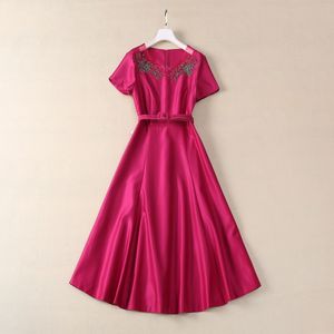 2024 Summer Pink Solid Color pärlbälte klänning Kort ärm Runda nacke Rhinestone Midi Casual Dresses S4W140509 XXXL 3XL