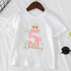 T-shirts Kids T Shirt Birthday Numbers 1-10 Crown Shirt Summer Girls Birthday Tops White Short Sleeve Wild Tees Children Party Clothes T240513