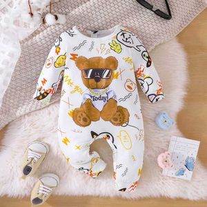 Rompers Newborn Baby Unisex Clothes 1 to 24Months Cartoon Cool Bear Tiny Button Onesies For Baby Boy Long Sleeve Infant RomperL2405