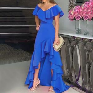 V Neck Mermaid Evening Dresses Long Prom Dress Royal Blue Crepe Formal Party Gown for Women