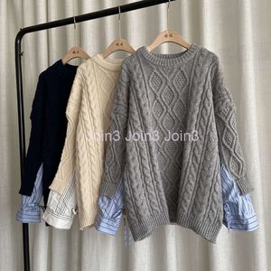 Autumn winter New design womens o-neck coarse wool knitted loose palazzo pullover jumper shirt patched faux 2 pcs sweater tops
