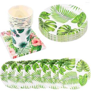 Disposable Dinnerware Hawaii Party Tableware Set Paper Paln Leaf Printed Plates Cup Napkins Tropical Luau For Wedding Birthday