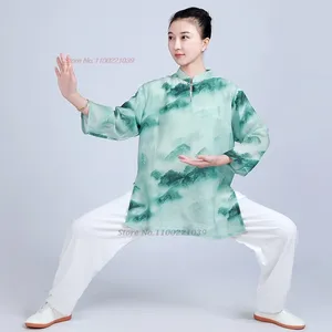 Etnik Giyim 2024 Geleneksel Çin Tai Chi Tekdüzen Ulusal Çiçek Baskı Pamuk Keten Wushu Dövüş Sanatları Eğitim Egzersiz