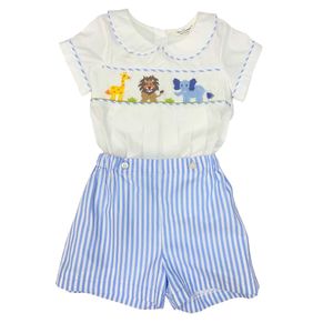 Kleidungssets Sommer Boys Zoo Raucher Set reiner Baumwollblau -Streifen Kurzschläfe handgefertigtes bestickter süßes kleines frisches Spleiß kurzschlärm D240514