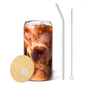 Copos de vinho bebendo com tampas de bambu e escova de limpeza de palha de vidro 16oz pode fazer xícaras de uísque de coquetel de café em forma de café