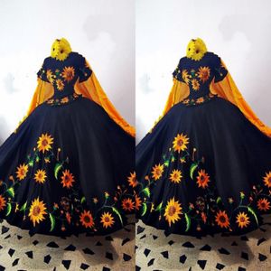 2023 Fashinable Mexcian Quinceanera sukienki słonecznikowe haftowane z łuku ramię Charro Sweet 15 sukienka Formalne suknie