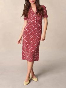 Party Dresses Women V-Neck Viscose Mid-Length Dress Waist Slim Vintage 2024 Summer Female Red Shaped Print Robe