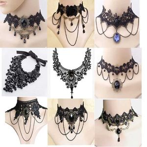 Chokers gotiska viktorianska svart spetshalsband kvinnor bohemian crystal tassel sexig spets halsband mörk lolitan stil smycken d240514