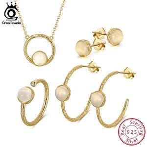 ORSA JEWELS 925 Sterling Silver Natural Moonstone Earrings Necklace Ring Sets 14K Gold Plated for Woman Girl Jewelry Gift SSGM03 240425