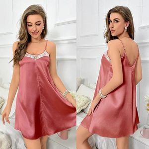 Kadın Sweetwear Seksi Mini Nightdress Dantel Kenar Saten Nightwear Gevşek Ev Kıyafetleri Yaz Spagetti Strap Nightgown