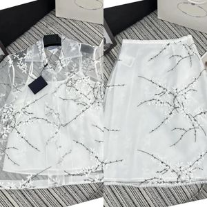Work Dresses 2024Spring Summer Embroidered Floral Organza Turndown Collar Short Sleeved Shirt H-shape Lace Midi Skirt Woman Two Piece Set