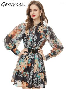 Vestidos casuais gedivoen designer de moda de outono estampa floral vestido vintage vestido feminino gola gola galhes coletadas cintura slim mini