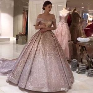 Dubai Sparkly Rose Gold Sequined Ball Gown Quinceanera Dresses Off Shoulder Party Dress Sweetheart Court Train Formal Evening Gowns 254l